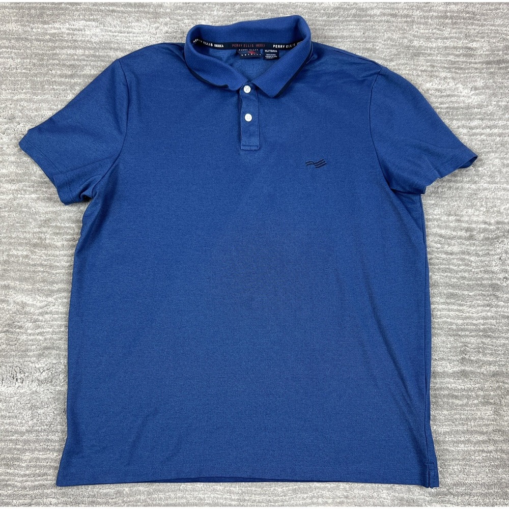 Perry Ellis America Polo Shirt Men XL Blue Short Sleeve Pique Casual Embroidered